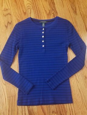 Vtg Lauren Ralph Lauren Royal Blue and Black Striped Henley Top Size: M